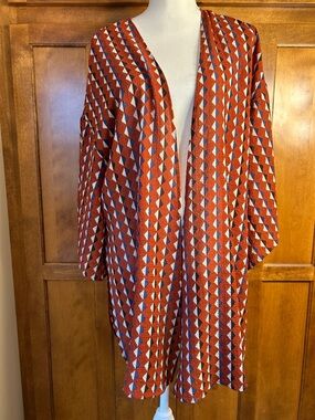 Entro Womens Rust Blue Cream Geometric Short Sleeve Boho Kimono. Sz L